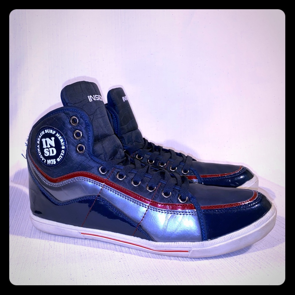 INSIDE | mens 9 patent blue red hightop sneaker
